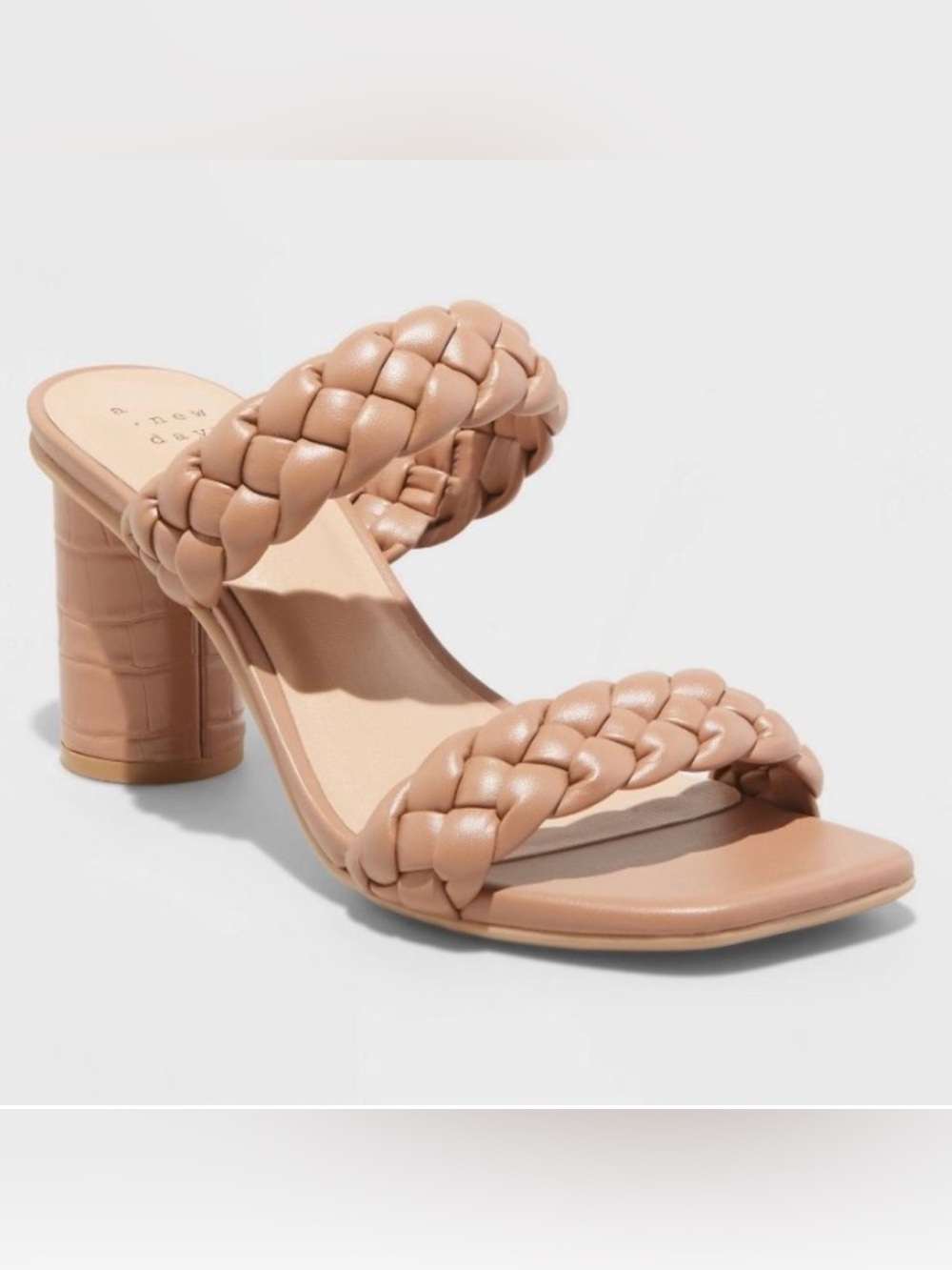 Braided Double-Strap Block Heel Sandal in Nude